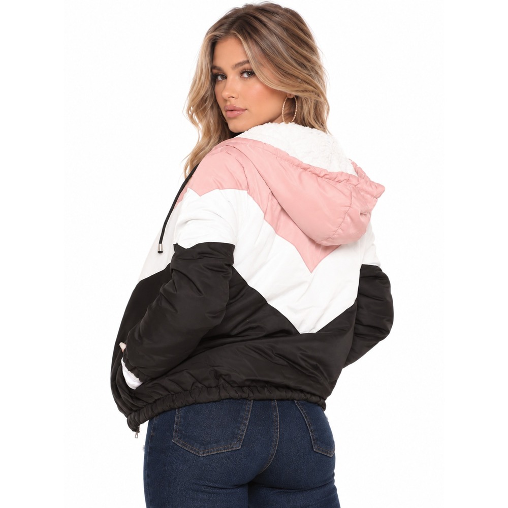 Pink White Black Chevron Colorblock Faux Fur Hooded Puffer Jacket Size S - Picture 2 of 10